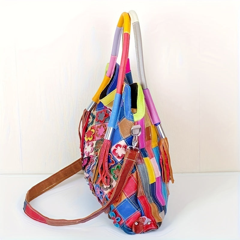 Flower Decor Handbag For Women, Genuine Leather Tote Bag, Luxury Retro Large Crossbody Bag