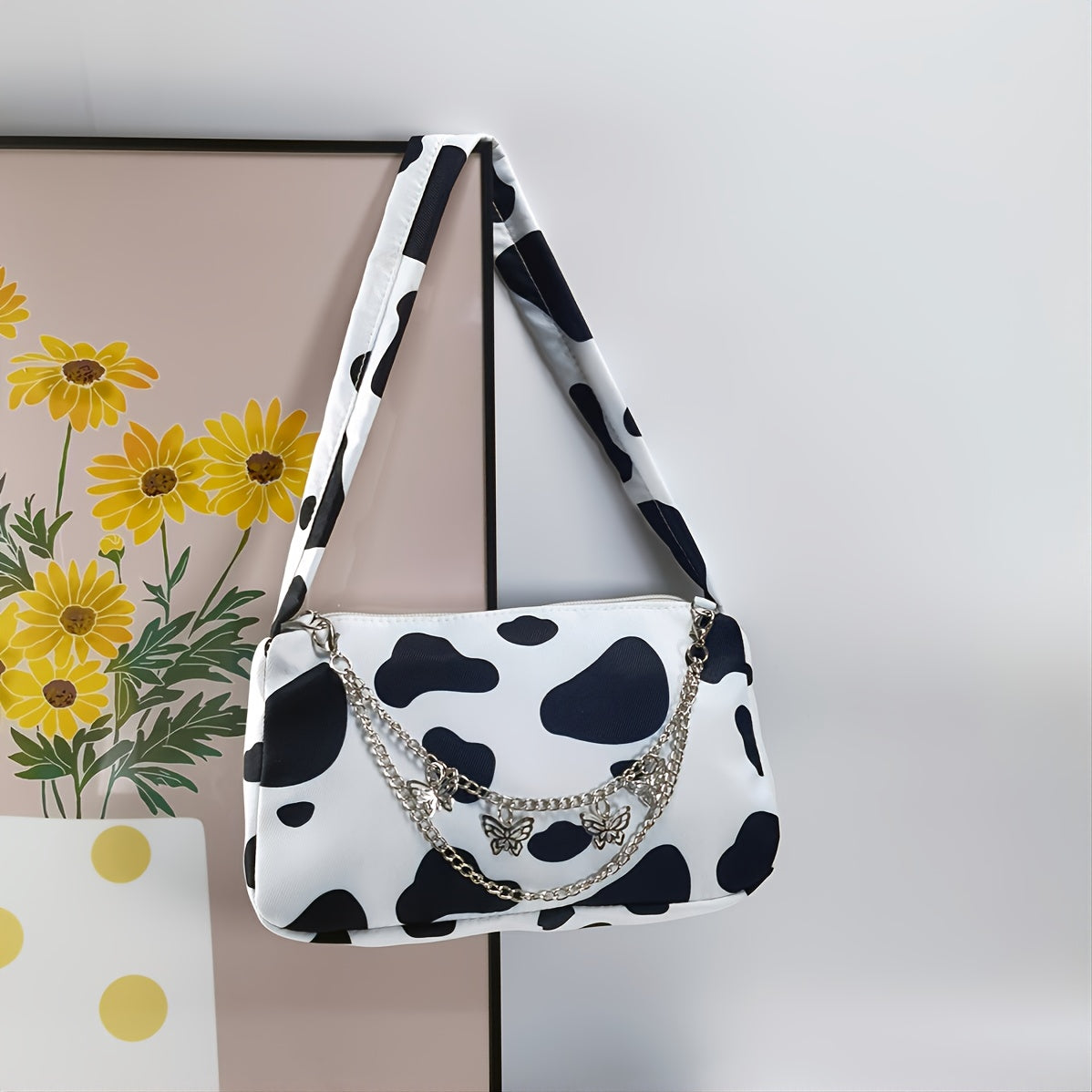 Cow Print Shoulder Bag, Women's Elegant Zipper Purse, Fashion Chain Decor Baguette Bag