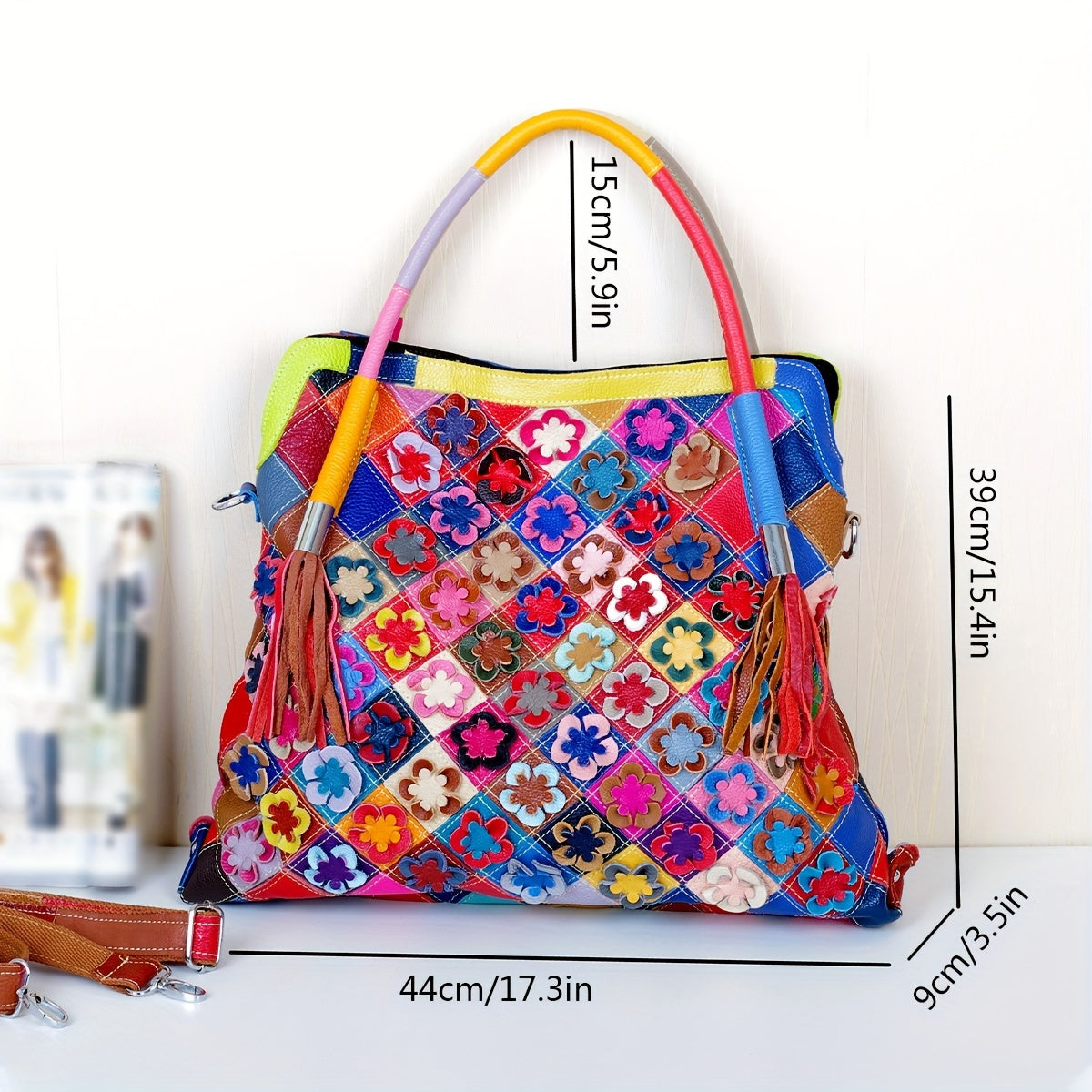 Flower Decor Handbag For Women, Genuine Leather Tote Bag, Luxury Retro Large Crossbody Bag