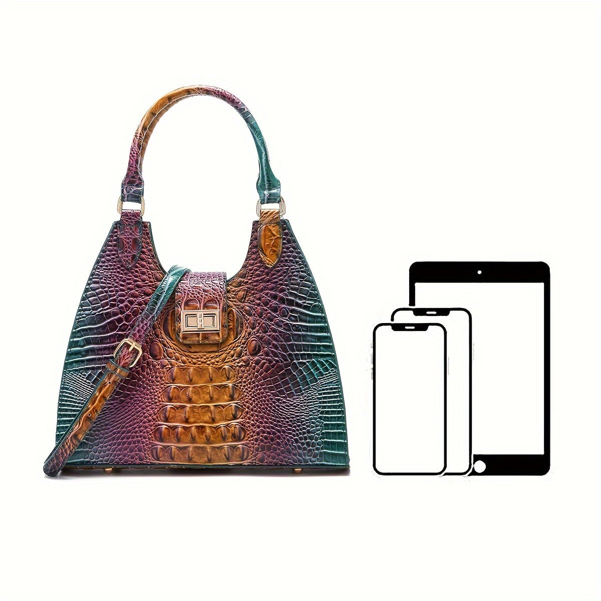 Trendy Colorful Crocodile Pattern Shoulder Bag, Portable Turnlock Handbag, Perfect Crossbody Bag For Everyday Use