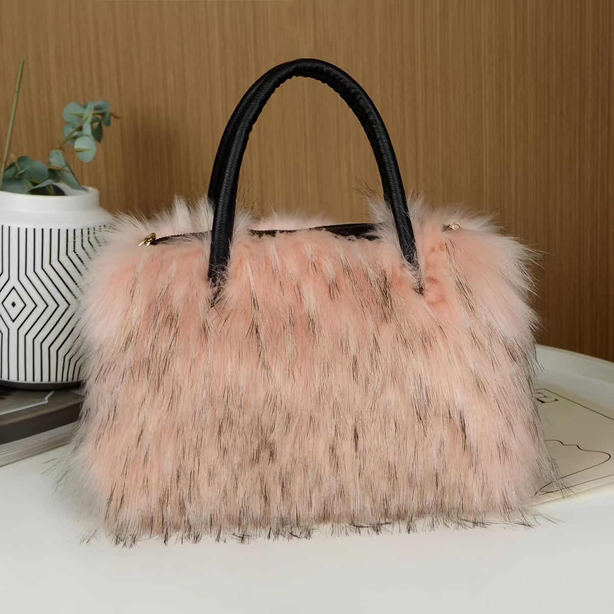 Trendy Faux Fur Tote Bag, Y2K Plush Shoulder Bag, Women's Fluffy Handbag For Street Wear
