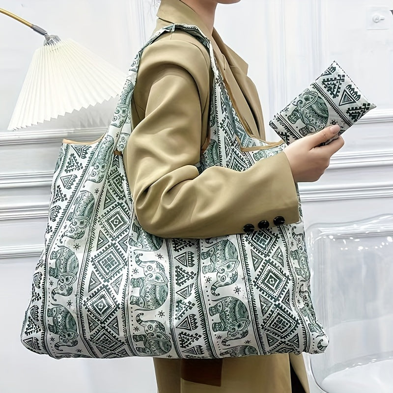 Retro Elephant Pattern Shoulder Bag, Lightweight Multifunctional Shopping Handbag, Lightweight Foldable Bag